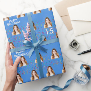 Papier Cadeau Blue Funny Custom Face Photo 15e fête d'anniversai