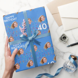 Papier Cadeau Blue Funny Custom Face Photo 40th Birthday Party