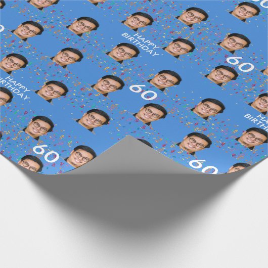 Papier Cadeau Blue Funny Custom Face Photo 60e fête d'anniversai (Coin)
