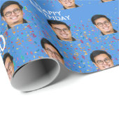 Papier Cadeau Blue Funny Custom Face Photo 60e fête d'anniversai (Coin rond)