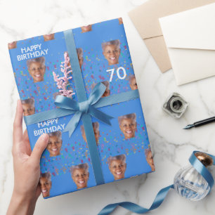 Papier Cadeau Blue Funny Custom Face Photo 70e fête d'anniversai