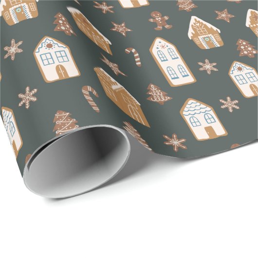 Papier Cadeau Blue Gingerbread House Christmas Pattern (Coin rond)