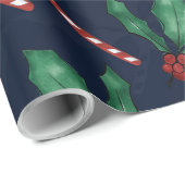 Papier Cadeau Blue Green Holly Feuilles Red Berries Sucre de can (Coin rond)