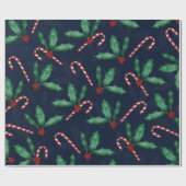 Papier Cadeau Blue Green Holly Feuilles Red Berries Sucre de can (Plat)