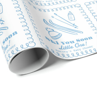 Papier Cadeau Blue Hand-Drawn Ski You Soon Boy Baby Shower