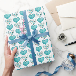 Papier Cadeau Blue Hearts Boho Motif Vintage