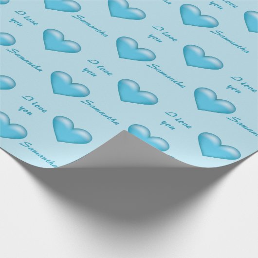 Papier Cadeau Blue Hearts & Custom I Love You Text With Any Name (Coin)