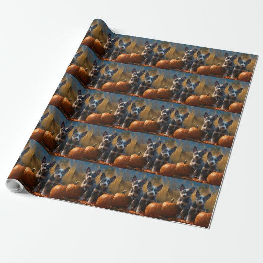Papier Cadeau Blue Heeler Chiot Automne Citrouille de plaisir (Déroulé)