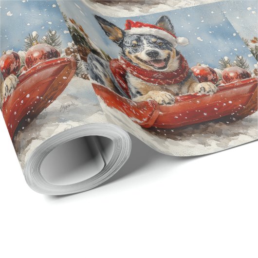 Papier Cadeau Blue Heeler Dog in Sledge Let it Snow Christmas (Coin rond)