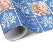Papier Cadeau Blue Jolly Merry Snowflake Photo Noël (Coin rond)