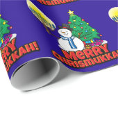 Papier Cadeau Blue Merry Chrismukah avec Snowman et Menorah (Coin rond)