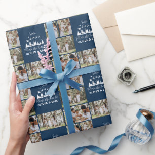 Papier Cadeau Blue moderne multi photo Père Noël Noël
