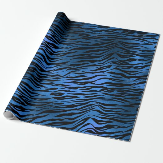 Papier Cadeau Blue Navy Cobalt Black Metallic Tiger Animal Fourr (Déroulé)
