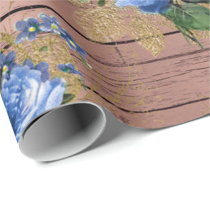 Papier Cadeau Blue Navy Rose Bois Rustique Floral Fête des marié