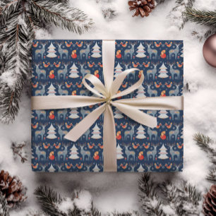 Papier Cadeau Blue Nordic Deer Christmas Tree Floral Holiday