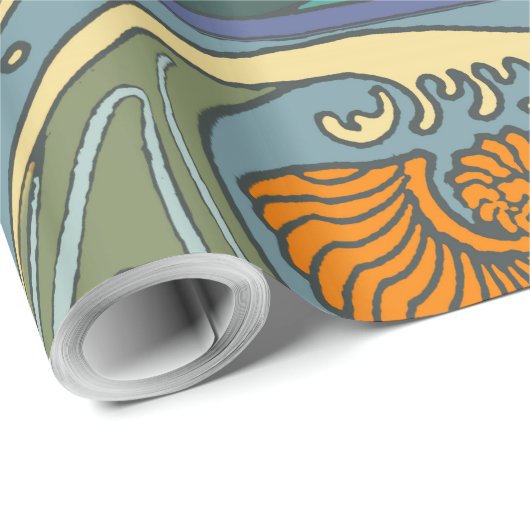 Papier Cadeau Blue Ocean Waves Nautilus Seashell Motif Nouveau (Coin rond)