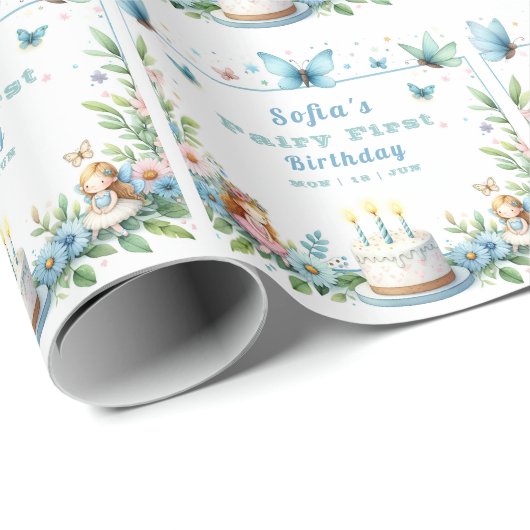 Papier Cadeau Blue Pastel Butterfly Fairy First Birday - (Coin rond)