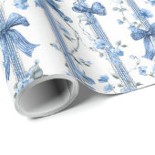 Papier Cadeau Blue Ribbons and Bows Toile Coquette Pattern (Coin rond)