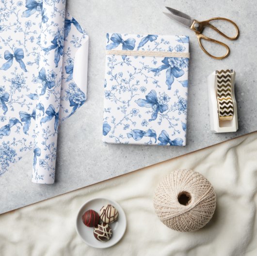 Papier Cadeau Blue Ribbons and Bows Toile Coquette Pattern  (Artisanat)
