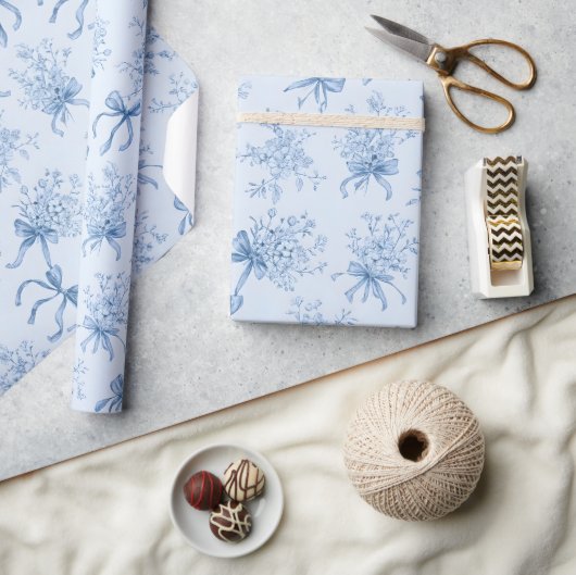Papier Cadeau Blue Ribbons and Bows Toile Coquette Pattern (Artisanat)