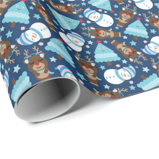 Papier Cadeau Blue Snowman et Blue Christmas Tree (Coin rond)