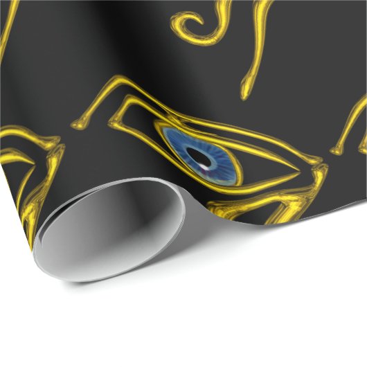 Papier Cadeau BLUE TALISMAN HORUS EYE Gold Black Motif égyptien (Coin rond)