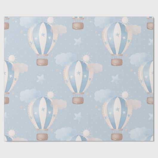 Papier Cadeau Blue Taupe Air Balloons Étoiles Nuages Garçon Douc (Plat)
