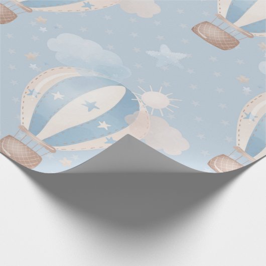 Papier Cadeau Blue Taupe Air Balloons Étoiles Nuages Garçon Douc (Coin)