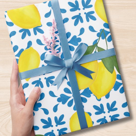 Papier Cadeau Blue Tile French Country Lemon Pattern