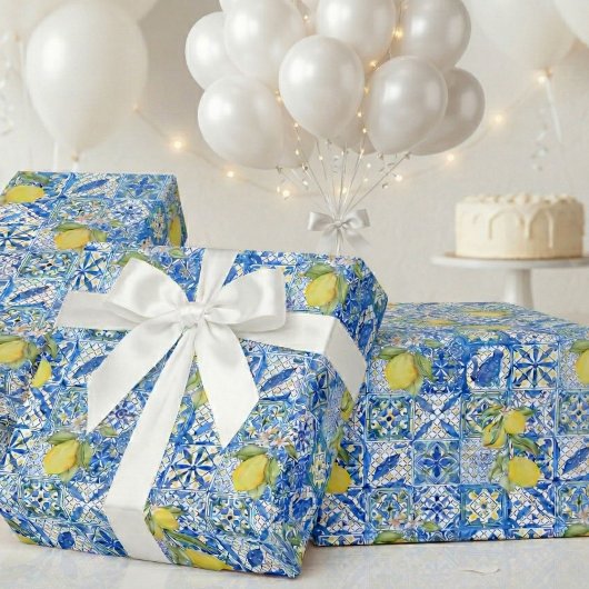 Papier Cadeau Blue Tile French Country Lemon Pattern Provencal