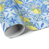 Papier Cadeau Blue Tile French Country Lemon Pattern Provencal (Coin rond)