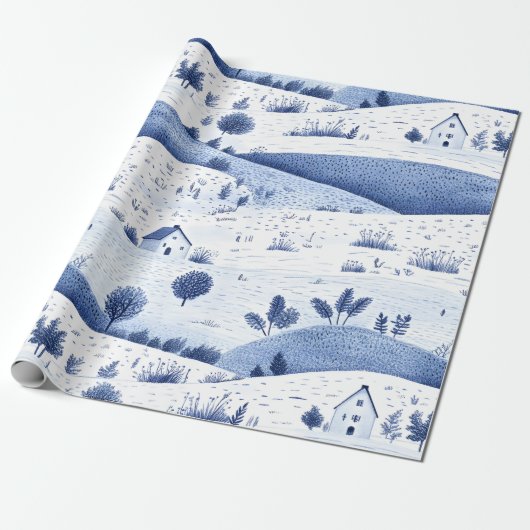 Papier Cadeau Blue Toile Countryside Scene (6) (Déroulé)