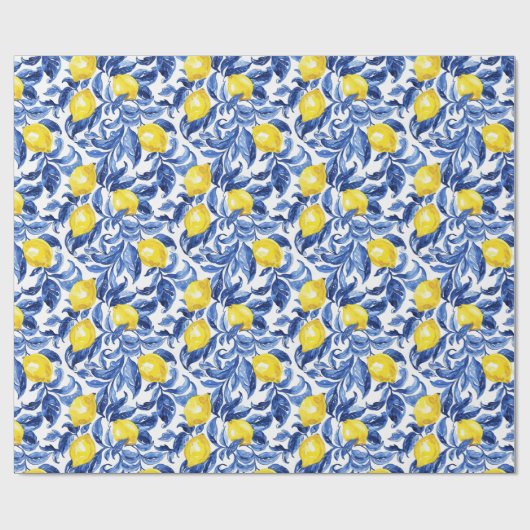 Papier Cadeau Blue Watercolor Lemon Pattern (Plat)