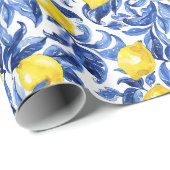 Papier Cadeau Blue Watercolor Lemon Pattern  (Coin rond)
