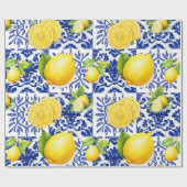 Papier Cadeau Blue White Lemon Tile Pattern Mediterranean Citrus (Plat)