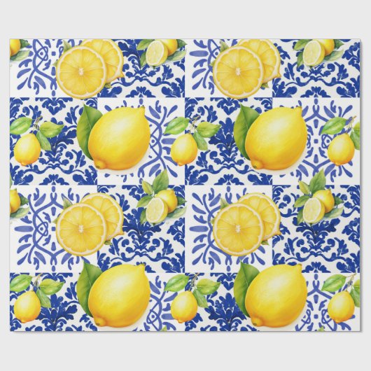 Papier Cadeau Blue White Lemon Tile Pattern Mediterranean Citrus (Plat)