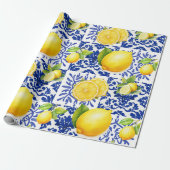 Papier Cadeau Blue White Lemon Tile Pattern Mediterranean Citrus (Déroulé)