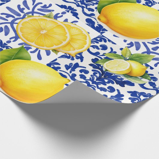 Papier Cadeau Blue White Lemon Tile Pattern Mediterranean Citrus (Coin)