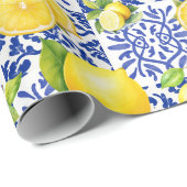 Papier Cadeau Blue White Lemon Tile Pattern Mediterranean Citrus (Coin rond)