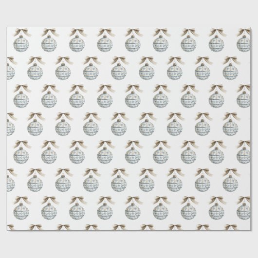 Papier Cadeau Blue White Nordic Ornaments Cream Bow Christmas (Plat)