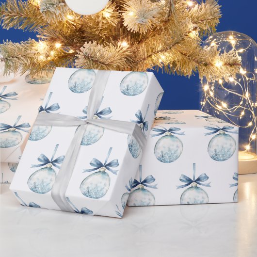 Papier Cadeau Blue White Snowflakes Bows Bulbs Christmas (Vacances)