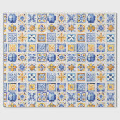 Papier Cadeau Blue White Yellow Tiles Pattern Summer Aesthetic  (Plat)