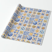 Papier Cadeau Blue White Yellow Tiles Pattern Summer Aesthetic  (Déroulé)