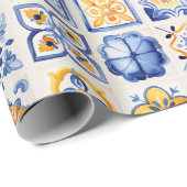 Papier Cadeau Blue White Yellow Tiles Pattern Summer Aesthetic  (Coin rond)