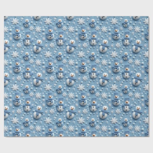 Papier Cadeau Blue Winter Christmas Sowman & Snowflakes (Plat)