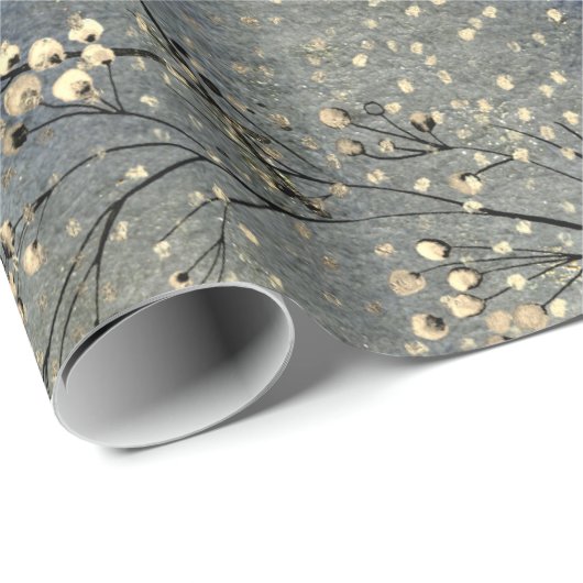 Papier Cadeau Blue Winter Dusk Sky Gold Berries et neige (Coin rond)