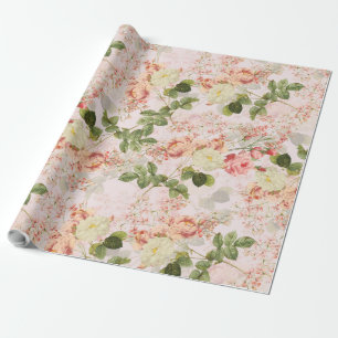 Papier Cadeau Blush Antique Redouté Roses sur motif rose