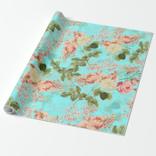 Papier Cadeau Blush Antique Redouté Roses sur motif turquoise