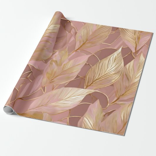 Papier Cadeau Blush Pink Gold Boho Modern Leaves Collection (Déroulé)
