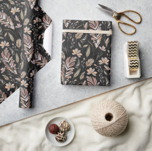 Papier Cadeau Boho automne feuillage rouille verte sur noir